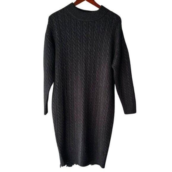 Moussy Mock Neck Knee Lenght Cableloose Knit Sweater Dress Black Fits Large Edgy - Picture 3 of 16